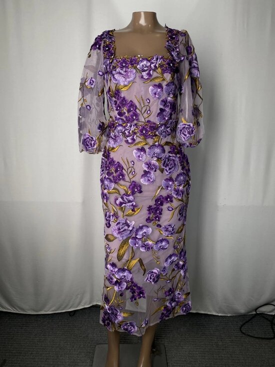 Marchesa Notte Women’s Orchid & Rose Embroidered Tulle Midi Dress Size 0 Purple - Picture 1 of 11